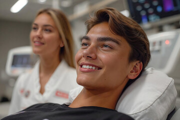 Young patient smiling with healthcare professional in background Generative AI image