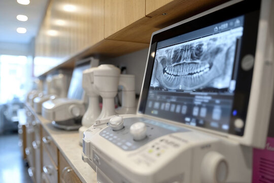 Dental X-ray machine with teeth image on display Generative AI image