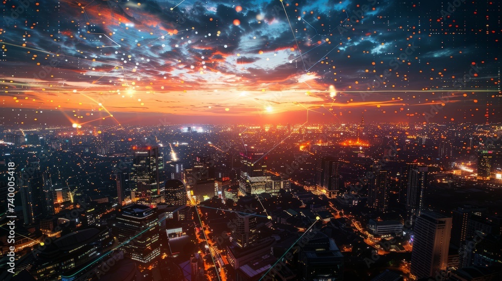 Poster modern city with wireless network connection and city scape concept.wireless network and connection 