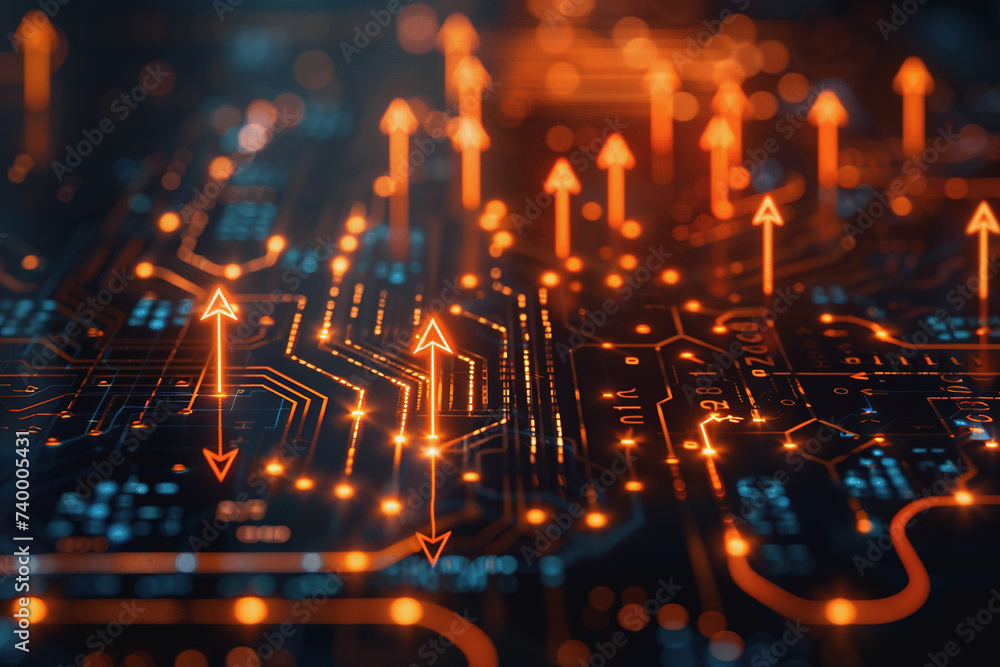 Poster a computer circuit board, with some arrows pointing forward and up, rising, tech background.