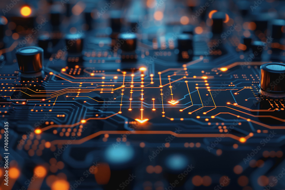 Poster a computer circuit board, with some arrows pointing forward and up, rising, tech background.