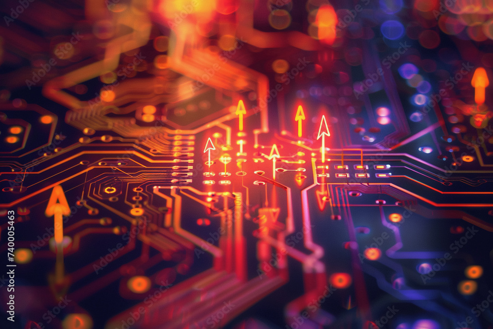 Poster a computer circuit board, with some arrows pointing forward and up, rising, tech background.