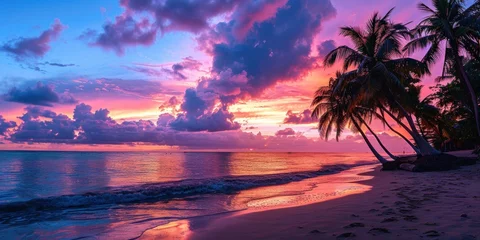 Papier Peint photo Lavable Aubergine Evening serenity at beach with palm trees capturing picturesque sunset over sea perfect landscape for travel and sense of paradise with sandy shores and ocean waves ideal for summer holidays