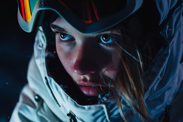 Female Snowboarder Gazing Intently in Snow Gear