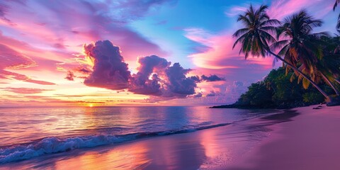 Evening serenity at beach with palm trees capturing picturesque sunset over sea perfect landscape for travel and sense of paradise with sandy shores and ocean waves ideal for summer holidays - Powered by Adobe