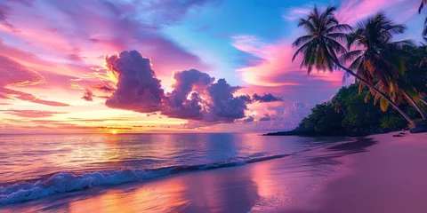 Fotobehang Strand zonsondergang Evening serenity at beach with palm trees capturing picturesque sunset over sea perfect landscape for travel and sense of paradise with sandy shores and ocean waves ideal for summer holidays