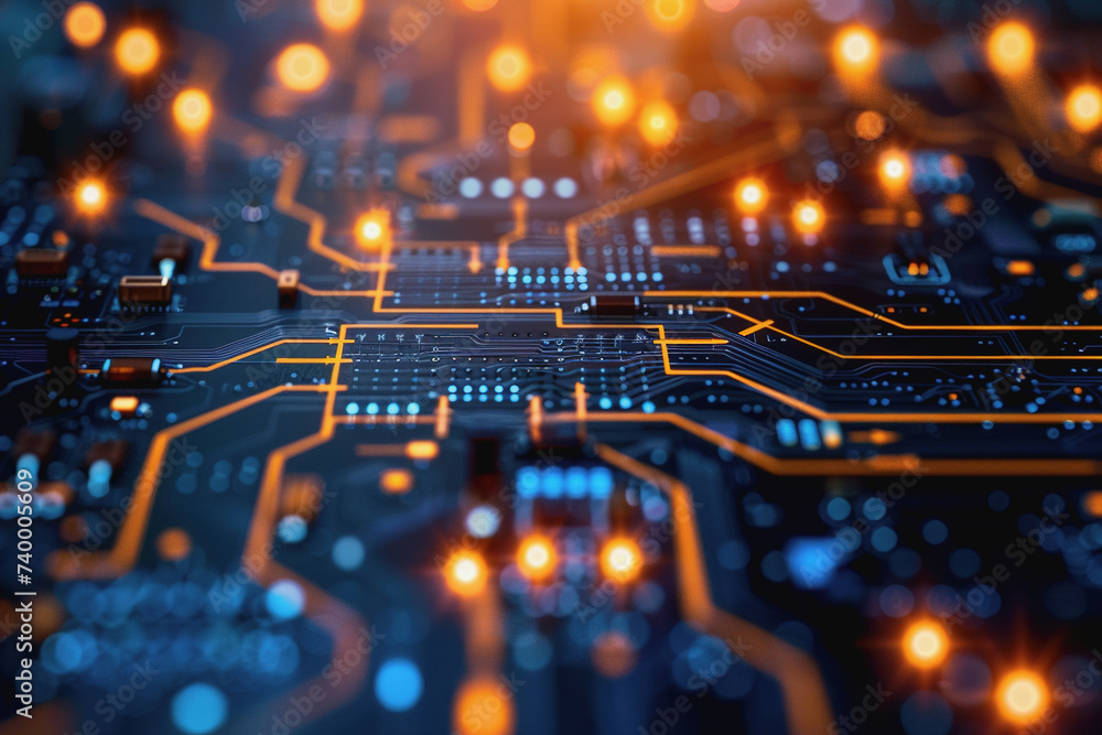Poster a computer circuit board, with some arrows pointing forward and up, rising, tech background.