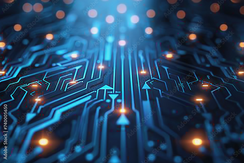 Poster a computer circuit board, with some arrows pointing forward and up, rising, tech background.