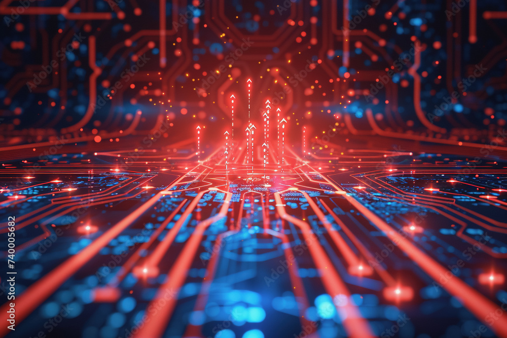 Poster a computer circuit board, with some arrows pointing forward and up, rising, tech background.