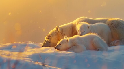 Obraz premium polar bear family, mother and baby together relax on snow. clean and bright white snowfield background with golden sun light