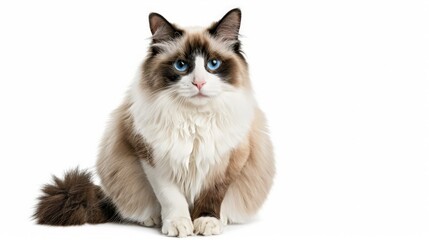 Obraz premium Pretty bicolor Ragdoll cat, sitting up facing front. Looking at camera with dark blue eyes. Isolated on a white background.