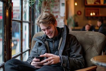 Obraz premium Caucasian young smiling man using a smartphone while sitting in a soft chair in a cafe. AI generative