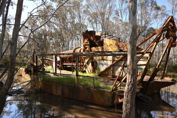 old disused gold mining machinery. bucket Dredger Porcupine Flat, Moldon, Australia