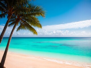 Fototapeta na wymiar Palm Trees on the Beach Against Serene Sky and Azure Ocean