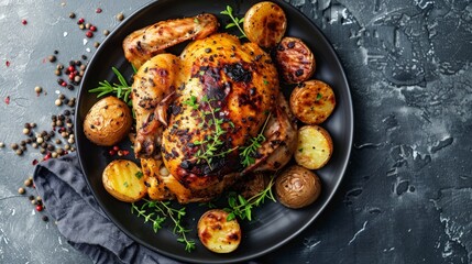 Roasted chicken with potatoes on dark plate. Grey background. Close up. Top view.