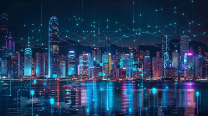 Smart network and Connection technology concept, Hong Kong digital city background at night in victoria harbour