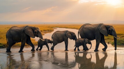 A family of elephants crossing a dry riverbed in the African savannah, a powerful representation of...