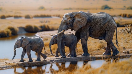 A family of elephants crossing a dry riverbed in the African savannah, a powerful representation of family bonds in the animal kingdom