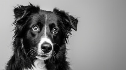 studio headshot portrait of black and white dog tilting head looking forward against a light gray background