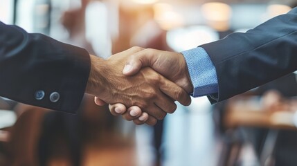 Two diverse professional business men executive leaders shaking hands at office meeting