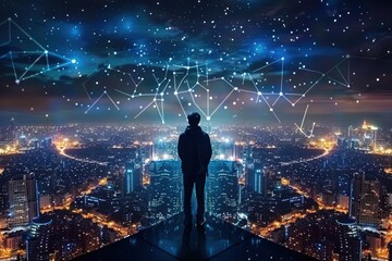 Businessman standing backdrop of futuristic city at night powerful success and vision in modern world showcasing professional in suit looking out over urban landscape illuminated by lights