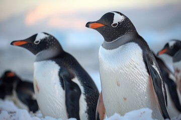 Obraz premium A group of penguins on a snowy Antarctic shore, with a crisp, clear sky in the background, capturing the essence of arctic wildlife