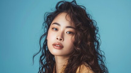Naklejka premium Young Asian beauty woman curly long hair with korean makeup style on face and perfect clean skin on isolated blue background.