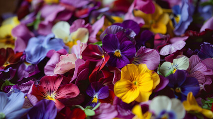 A close-up view of a colorful array of pansies, showcasing a natural tapestry of vivid hues and delicate textures.