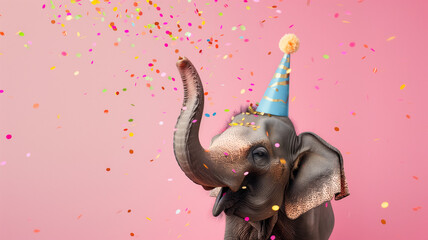 An elephant in a festive mood, donning a striped party hat and surrounded by colorful confetti against a soft pink background, creates a playful and joyous scene © praewpailyn