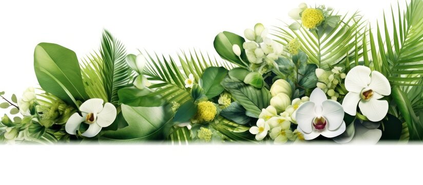display of several types of flowers on a white background