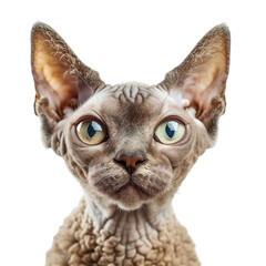 front view close up of a Devon Rex cat face isolated on a white transparent background 