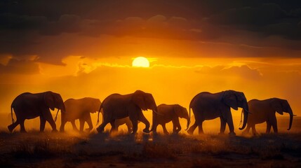 Fototapeta na wymiar A herd of elephants walking through the dusty plains of Africa at sunset, creating a striking silhouette against the glowing horizon
