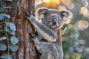 Obraz premium A koala lazily clinging to a eucalyptus tree, with a dreamy backdrop of the Australian bush