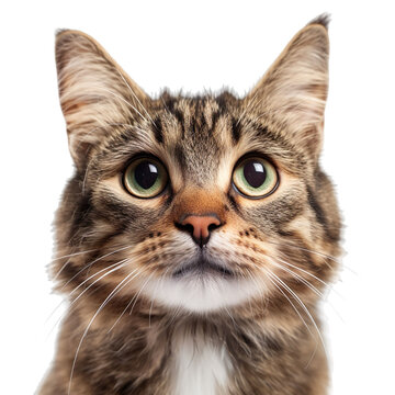 front view close up of a Manx cat face isolated on a white transparent background 