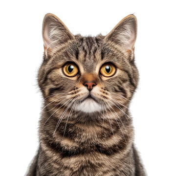 front view close up of a Minskin cat face isolated on a white transparent background 