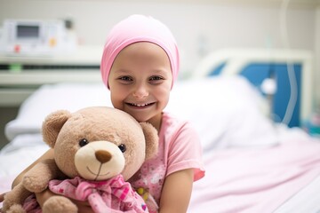 Little girl's teddy bear brings comfort with a pink smile on its snout.