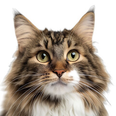 front view close up of a Norwegian Forest cat face isolated on a white transparent background 