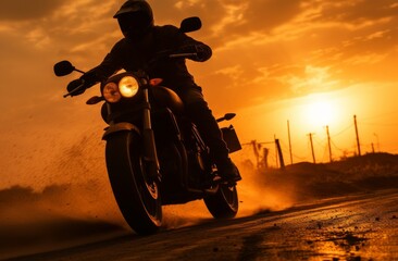 A daring rider races against the stunning backdrop of a vibrant sunset, their motorcycle tearing through the open sky and leaving a trail of dust behind on the rugged track