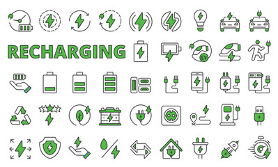 Recharging icons in line design, green. Recharging, battery, icon, charger, power, energy, electric, plug, adapter, station, isolated on white background vector. Recharging editable stroke icons.
