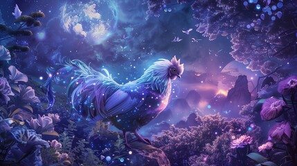 a mystical garden bathed in ethereal moonlight, a flock of celestial hens with iridescent feathers and ethereal auras roams freely, - obrazy, fototapety, plakaty
