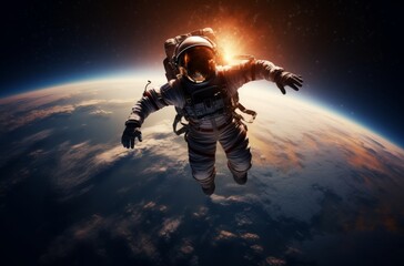 A lone astronaut gazes at the majestic earth, surrounded by the vastness of outer space in this digital composite for a pc game, showcasing the wonder and isolation of space travel