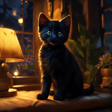 Epic shot of ultra detailed cute black baby cat in a wonderful cozy atmosphere, ultra inviting, luminous, evening atmosphere, little photorealistic, digital painting, sharp focus, ultra cozy and invit