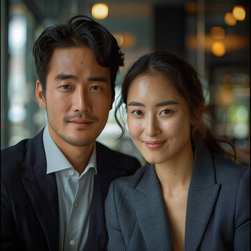 Two young asian modern businesspeople, businessman and businesswoman, consulting colleagues at an office kick-off meeting for the beginning of a project. Team work among consultants