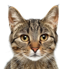 front view close up of a Sokoke cat face isolated on a white transparent background 