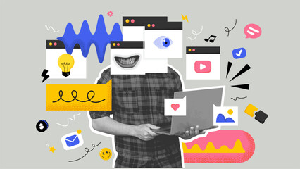 Poster banner collage of man blogger posting photo on Social Network account get many network reactions notification. Contemporary collage art. Vector illustration - 740010692