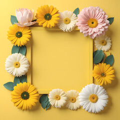 Obraz premium Yellow Background with 3D Beauty Flower Frame Template. Simple Design for Mother's Day and Women's Day Greeting Card.