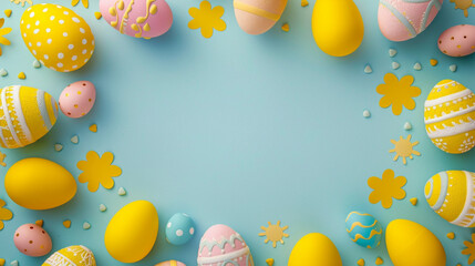 Easter border frame with copy space in center. Colored easter eggs decorations. Generative AI