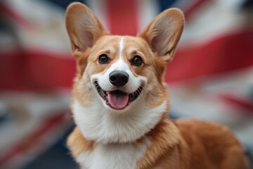 Brown and White Dog Standing in Front of British Flag