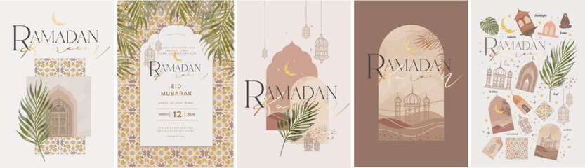 Ramadan Kareem. Eid Mubarak. Vector aesthetic illustration of crescent moon, mosque, lantern, window, frame, background, ornament, tropical leaf for greeting card, invitation or poster in beige muted  - 740011009