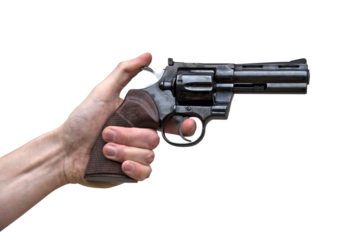 Close up of a vintage old pistol gun in the hand of a man, isolated on transparent background, png file